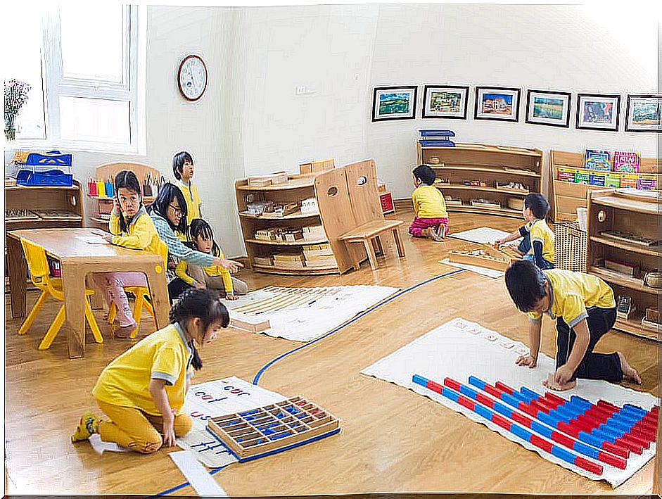 Children following the Montessori method.