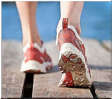 The feet of a person jogging 