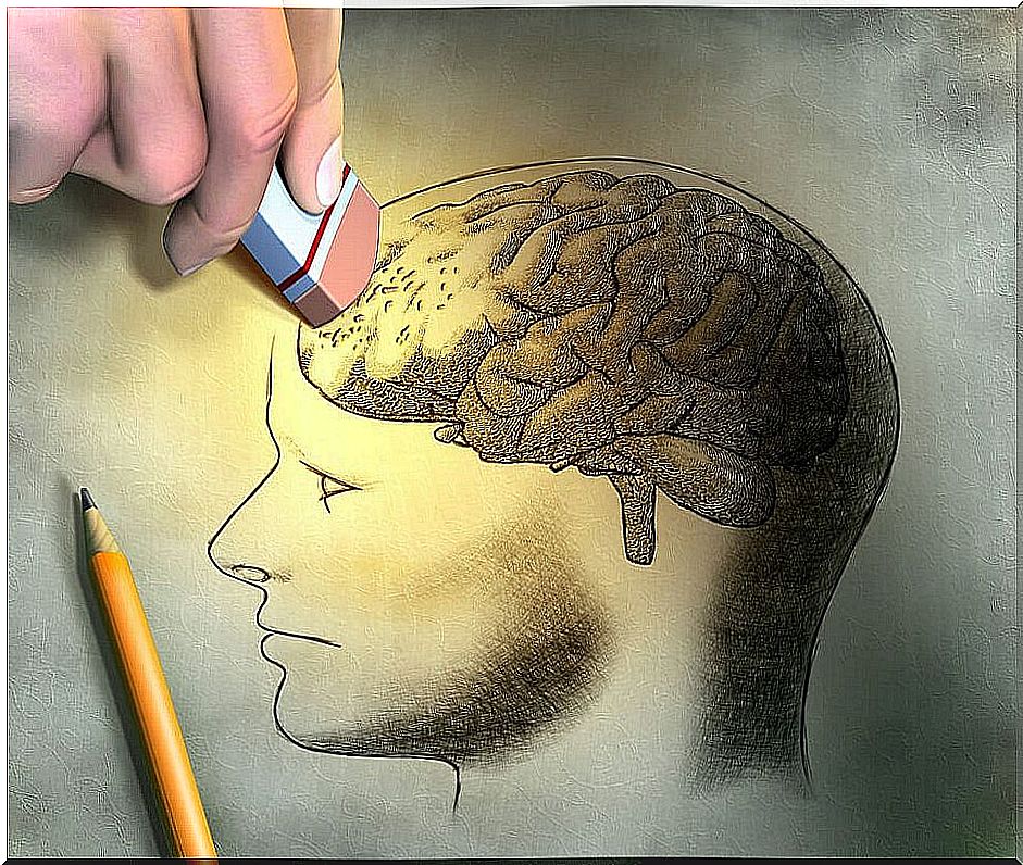 Drawing of human brain being erased with an eraser