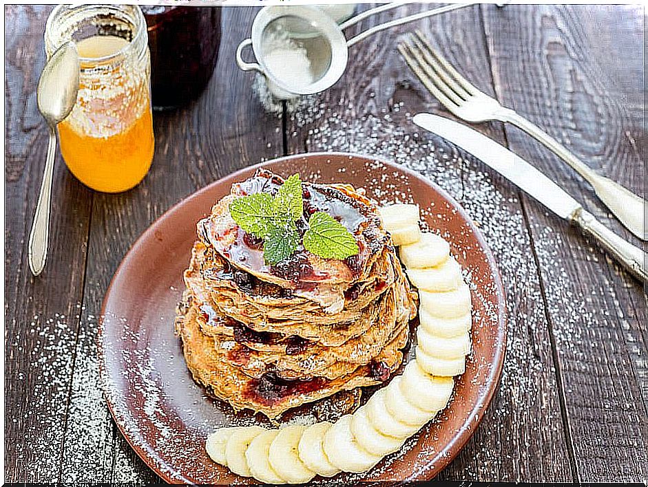 Have a healthy breakfast Oat pancakes, banana, cocoa and coconut oil