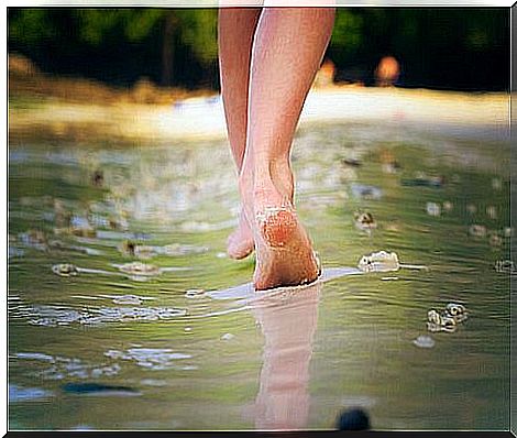 Bare feet walking along the shore of a beach.